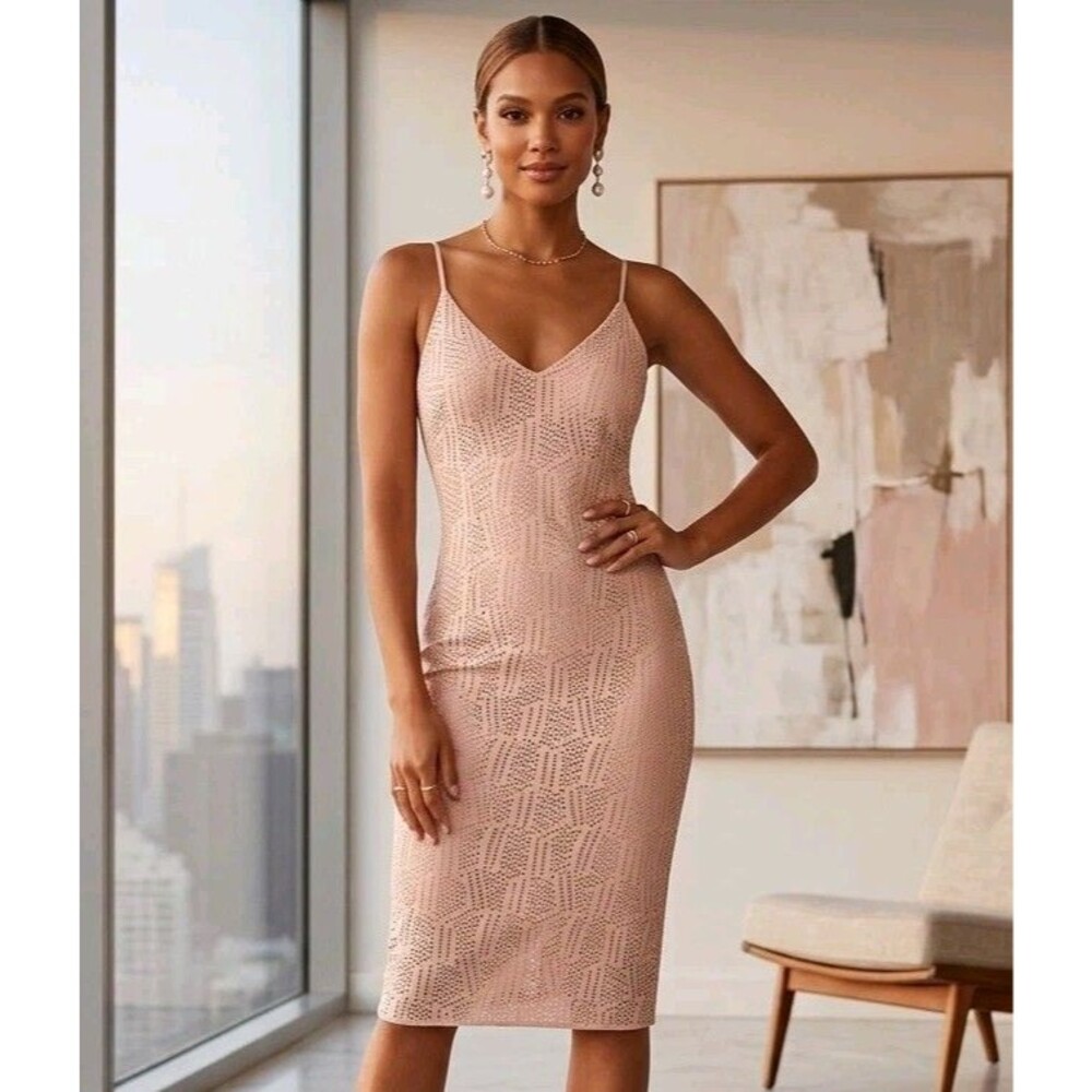 Bar III Sparkly Pink Bodycon Dress Spaghetti Straps Size XS Midi Back Slit